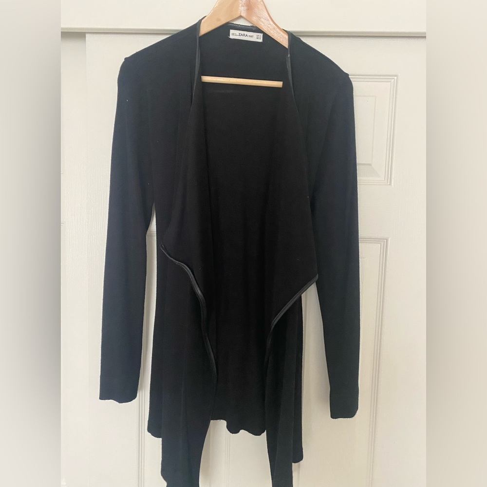 Zara black knit sweater with tie and leather trim